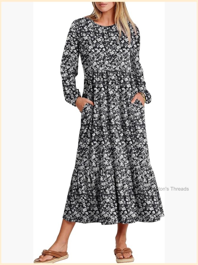 Long Sleeve Midi Dress Crewneck A Line Tiered Flowy Loose Dress With Pockets
